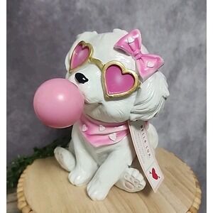 BELLA LUX Little White Dog Pink Bubble Hearts & Bow Coquette Valentines Decor